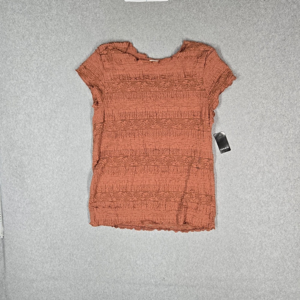 Torrid Women Blouse 1X (14-16) Coral Cotton Nylon Lace Festi Pieced SS Top NWT